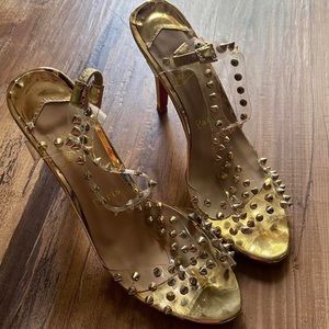Louboutin red bottom gold platform elastic slip on silicon studs stiletto heels